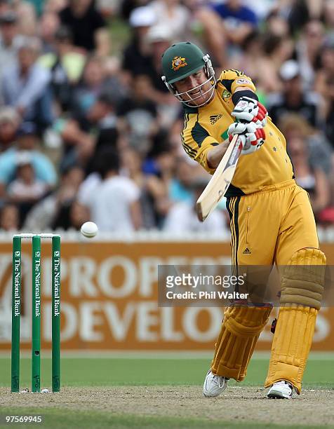 Brad Haddin of Australia bats during the One Day International match between New Zealand and Australia at Seddon Park on March 9, 2010 in Hamilton,...