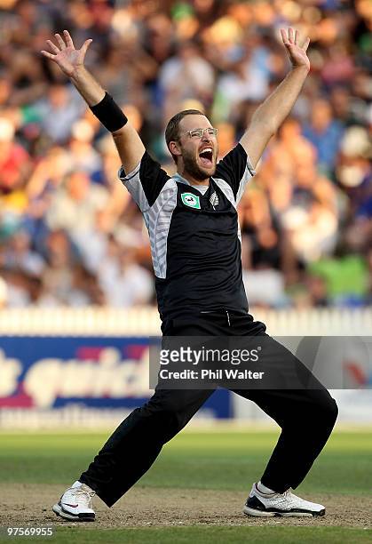 Daniel Vettori of New Zealand makes an appeal during the One Day International match between New Zealand and Australia at Seddon Park on March 9,...