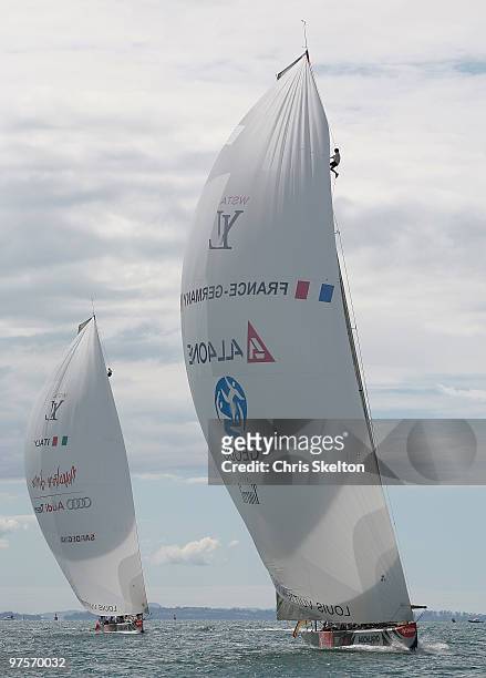 All 4 One racing Mascalzone Latino competes in the first round robin race during the Louis Vuitton Trophy at Waitemata Harbour on March 9, 2010 in...