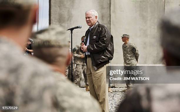 Secretary of Defense Robert Gates speaks with 1st Battalion, 17th Infantry Regiment, troops at Forward Operating Base Frontenac in Kandahar on March...