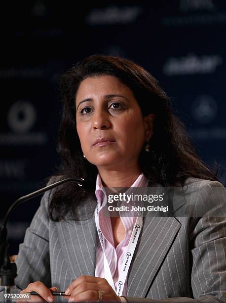 Laureus Sports Academy member Nawal El Moutawakel speaks to the media during the Abu Dhabi Sports Council/Laureus Welcome Press Conference prior to...