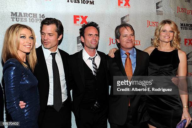 Actress Natalie Zea, actor Timothy Olyphant, actor Walton Goggins, creator /producer Graham Yost and actress Joelle Carter arrive at the premiere of...