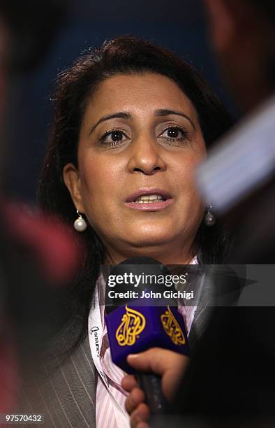 Laureus Sports Academy member Nawal El Moutawakel speaks to the media during the Abu Dhabi Sports Council/Laureus Welcome Press Conference prior to...