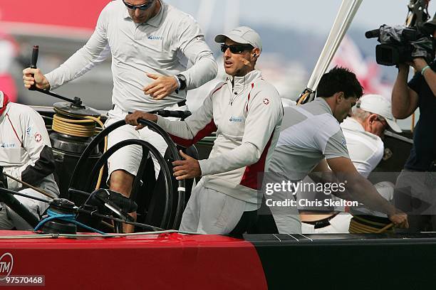 Azzurra skipper Francesco Bruni racing Team Origin in the first round robin during the Louis Vuitton Trophy at Waitemata Harbour on March 9, 2010 in...