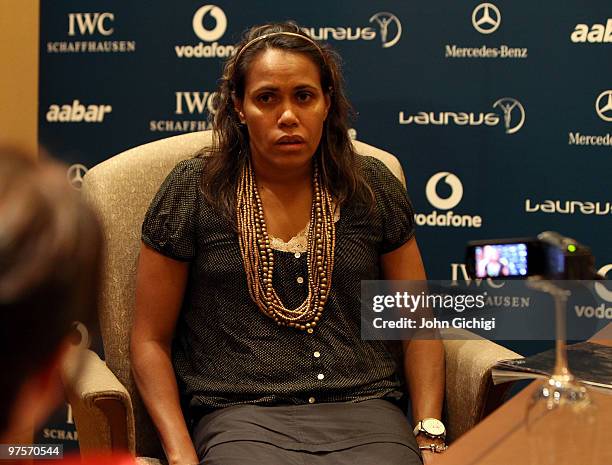 Laureus Sports Academy member Cathy Freeman talks to the media during prior to the Laureus World Sports Awards 2010 at Emirates Palace Hotel on March...