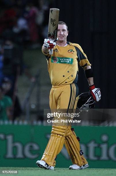 Brad Haddin of Australia celebrates his century during the One Day International match between New Zealand and Australia at Seddon Park on March 9,...