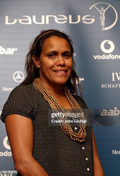 Laureus Sports Academy member Cathy Freeman talks to the media during prior to the Laureus World Sports Awards 2010 at Emirates Palace Hotel on March...