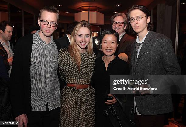 Director Bradley Rust Gray, Zoe Kazan, So Young Kim and Paul Dano attend the premiere party for "The Exploding Girl" at the Tribeca Grand Hotel on...