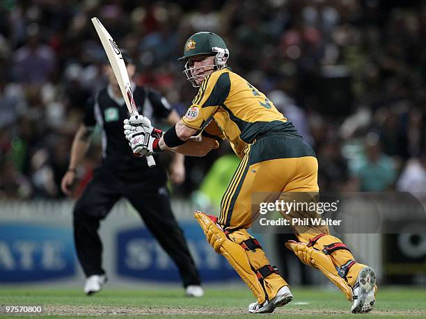 Brad Haddin of Australia bats during the One Day International match between New Zealand and Australia at Seddon Park on March 9, 2010 in Hamilton,...