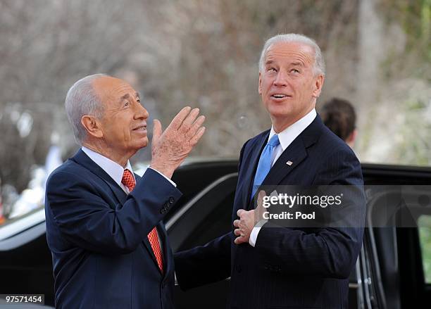 Israeli President Shimon Peres meets with visiting US-Vice President Joe Biden at the Israeli Prime Minister's residence on March 9, 2010 in...