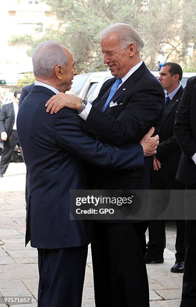 In this handout image from the Israeli Government Press Office, Israeli President Shimon Peres meets with visiting US-Vice President Joe Biden at the...