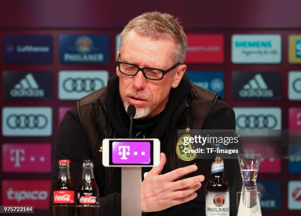 Head coach Peter Stoeger of Dortmund attends the press conference after the Bundesliga match between FC Bayern Muenchen and Borussia Dortmund at...