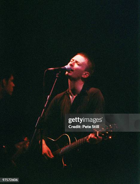 Thom Yorke of Radiohead performs on stage at the Glastonbury Festival on June 28th, 1997 in Glastonbury, England.