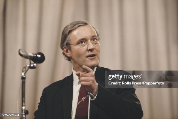 British Labour Party politician and Chairman of the Labour Party, Tony Benn pictured addressing the Trades Union Congress annual conference in...