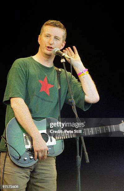 Billy Bragg performs on stage at the Glastonbury Festival on June 28th, 1997 in Glastonbury, England.