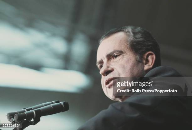 American Republican politician and 37th President of the United States, Richard Nixon pictured addressing a 1972 presidential election campaign...