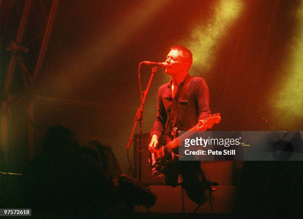 Thom Yorke of Radiohead performs on stage at the Glastonbury Festival on June 28th, 1997 in Glastonbury, England.