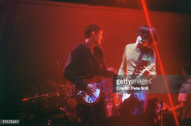 Ed O'Brien, Jonny Greenwood and Colin Greenwood of Radiohead perform on stage at the Glastonbury Festival on June 28th, 1997 in Glastonbury, England.