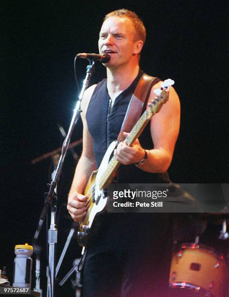 Sting performs on stage at the Glastonbury Festival on June 28th, 1997 in Glastonbury, England.