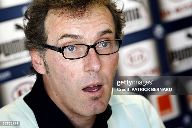 Bordeaux's football team's French coach Laurent Blanc answers journalists' questions during a press conference on March 5 at Le Haillan Bordeaux'...