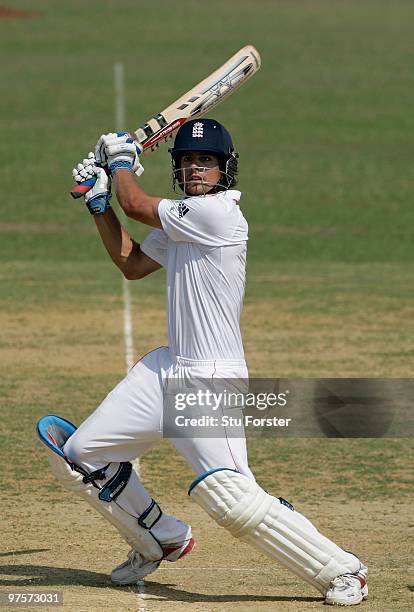 England captain Alastair Cook hits out during day three of the tour match between Bangladesh A and England at Jahur Ahmed Chowdhury Stadium on March...