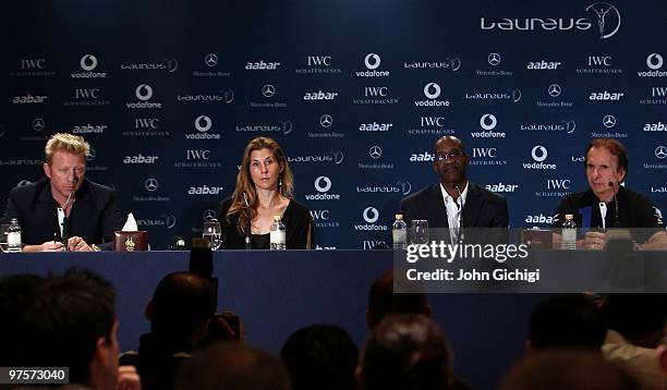 Laureus Sports Academy members, Boris Becker, Monica Seles, Edwin Moses and Emerson Fittipaldi during the Laureus Athlete of Decade press conference...