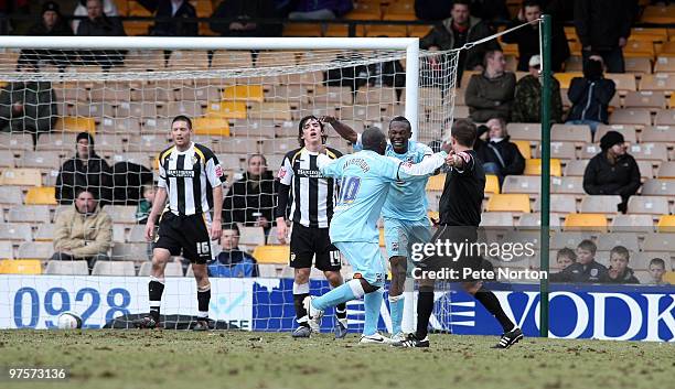 Abdul Osman of Northampton Town celebrates with team mate Adebayo Akinfenwa after scoring his sides second goal during the Coca Cola League Two Match...