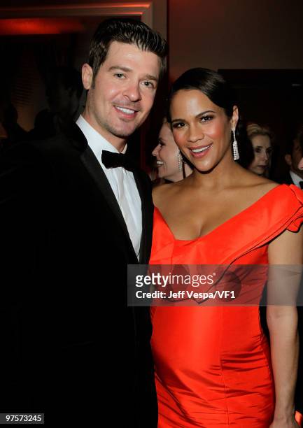 Musician Robin Thicke and actress Paula Patton attend the 2010 Vanity Fair Oscar Party hosted by Graydon Carter at the Sunset Tower Hotel on March 7,...