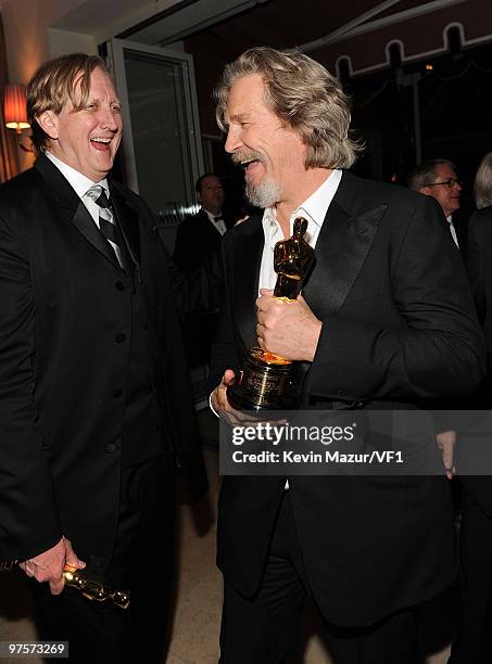 Bone Burnett and Jeff Bridges attends the 2010 Vanity Fair Oscar Party hosted by Graydon Carter at the Sunset Tower Hotel on March 7, 2010 in West...