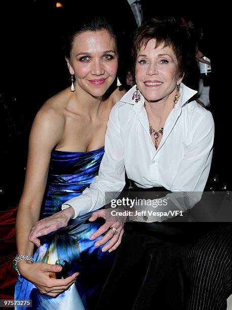 Actresses Maggie Gyllenhaal and Jane Fonda attend the 2010 Vanity Fair Oscar Party hosted by Graydon Carter at the Sunset Tower Hotel on March 7,...