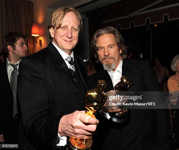 Bone Burnett and Jeff Bridges attends the 2010 Vanity Fair Oscar Party hosted by Graydon Carter at the Sunset Tower Hotel on March 7, 2010 in West...