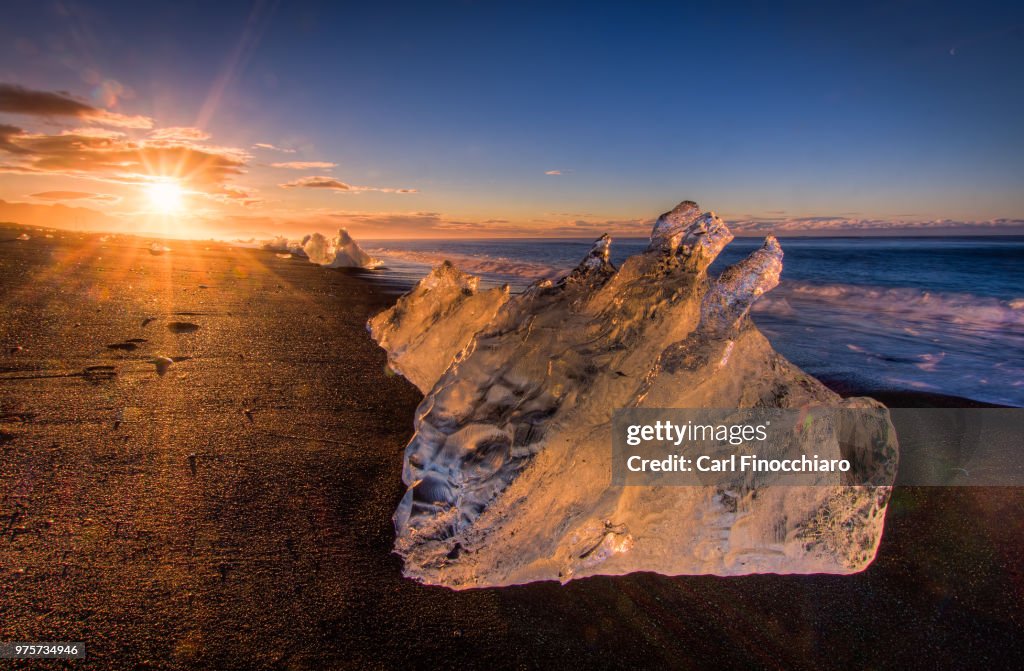 Icebergs on shore of Jokulsarlon Glacier Lagoon, Iceland