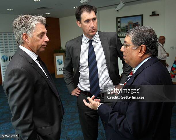 David Richardson, Cricket Australia Chief Executive James Sutherland and BCCI Secretary N. Srinivasan gather at the ICC Chief Executives Committee...