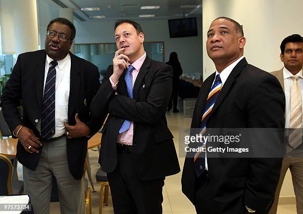 Chairman of the ICC Cricket Committee Clive Lloyd, West Indies Cricket Chief Executive Ernest Hilaire and Bangladesh Cricket Chief Executive Nizam...