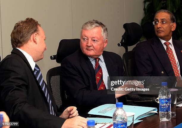 General Manager Jamie Campbell chats with ICC President David Morgan as Chief Executive Haroon Lorgat looks on during the ICC Chief Executives...