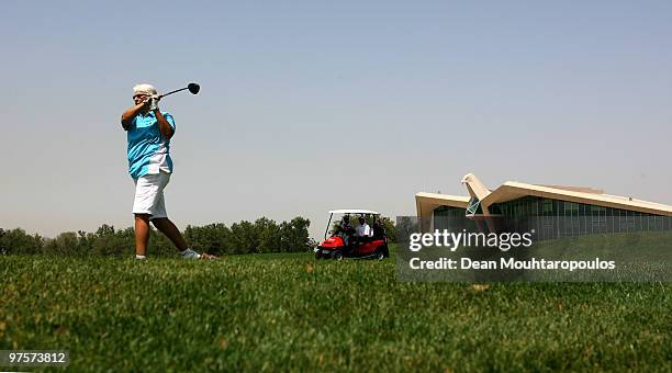 Dawn Fraser in action during the Laureus World Sports Awards Golf Challenge at the Abu Dhabi Golf Club on March 9, 2010 in Abu Dhabi, United Arab...