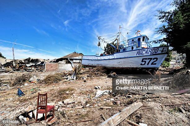 Picture taken in the tsunami-hit city of Constitucion, some 300 km south of Santiago, on March 4, 2010. The official death toll from Saturday's...