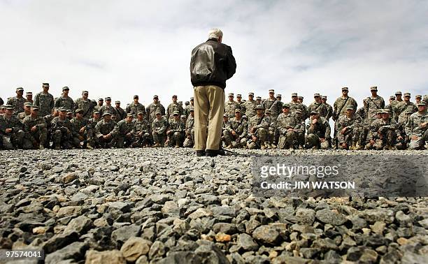Secretary of Defense Robert Gates speaks with 1st Battalion, 17th Infantry Regiment, troops at Forward Operating Base Frontenac in Kandahar on March...