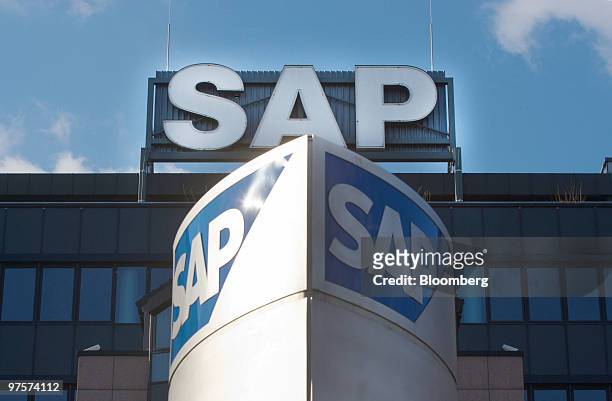 Signs bearing the company logo are displayed at the headquarters of SAP AG in Walldorf, Germany, on Monday, March 8, 2010. SAP AG and Deutsche...