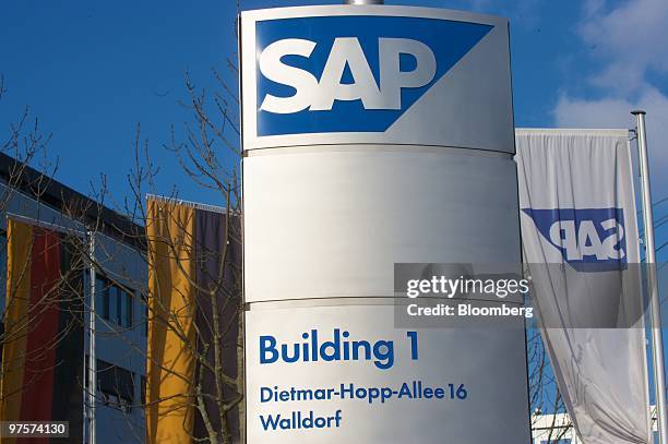 Sign bearing the company logo stands outside the headquarters of SAP AG in Walldorf, Germany, on Monday, March 8, 2010. SAP AG and Deutsche Telekom...