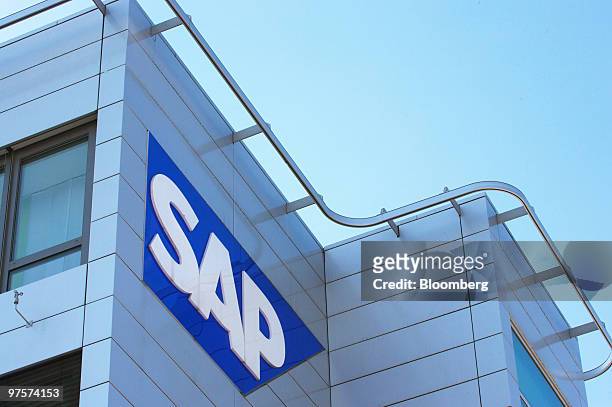 Sign bearing the company logo is displayed on the headquarters of SAP AG in Walldorf, Germany, on Monday, March 8, 2010. SAP AG and Deutsche Telekom...