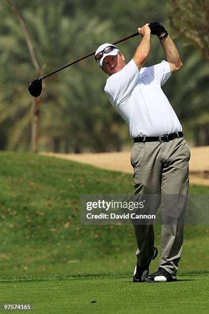 Steve Waugh in action during the Laureus World Sports Awards Golf Challenge at the Abu Dhabi Golf Club on March 9, 2010 in Abu Dhabi, United Arab...