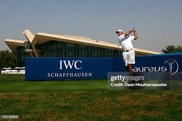 Michael Vaughan tees off at the 1st hole during the Laureus World Sports Awards Golf Challenge at the Abu Dhabi Golf Club on March 9, 2010 in Abu...