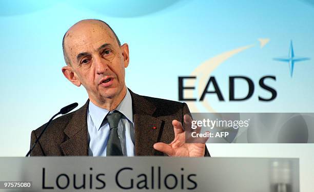 Louis Gallois from France addresses the EADS annual results press conference on March 9, 2010 in Paris. European aerospace giant EADS accused the US...