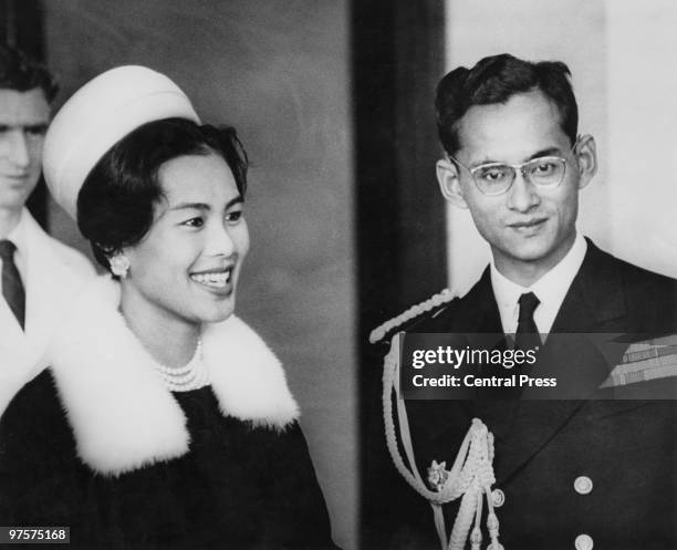 King Bhumibol and Queen Sirikit of Thailand attend a reception at Wellington Town Hall at the start of their eight-day tour of New Zealand, August...
