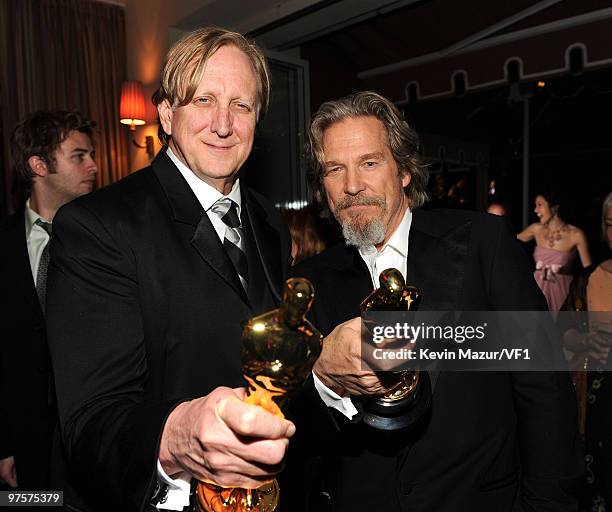 Bone Burnett and Jeff Bridges attends the 2010 Vanity Fair Oscar Party hosted by Graydon Carter at the Sunset Tower Hotel on March 7, 2010 in West...