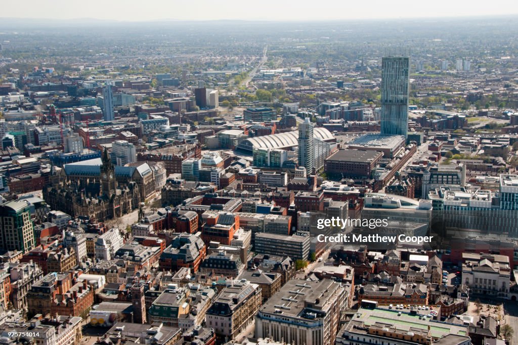 Aerial view of cityscape, Manchester, UK
