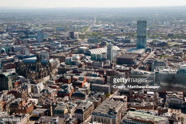 aerial view of cityscape, manchester, uk - northwest england stock pictures, royalty-free photos & images