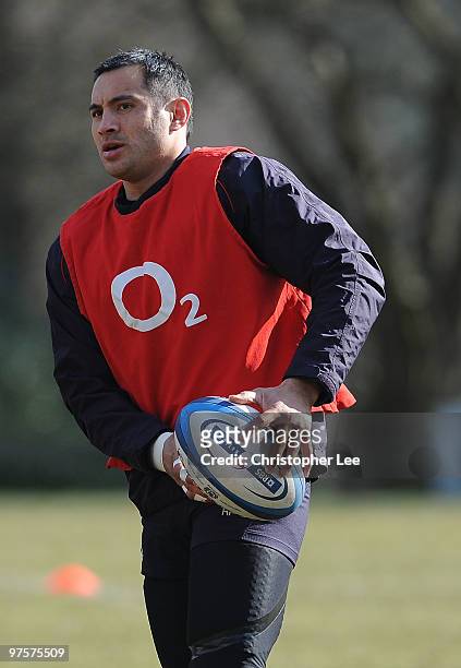 Riki Flutey in action during the England Training Session and Press Conference at Pennyhill Park on March 9, 2010 in Bagshot, England.