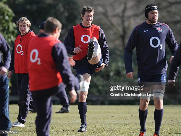 Louis Deacon in action during the England Training Session and Press Conference at Pennyhill Park on March 9, 2010 in Bagshot, England.